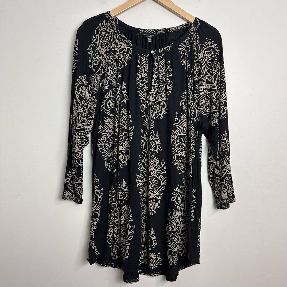 Lucky Brand Womens Tunic 2X Black Beige Popover Lightweight 3/4 Sleeve Peasant